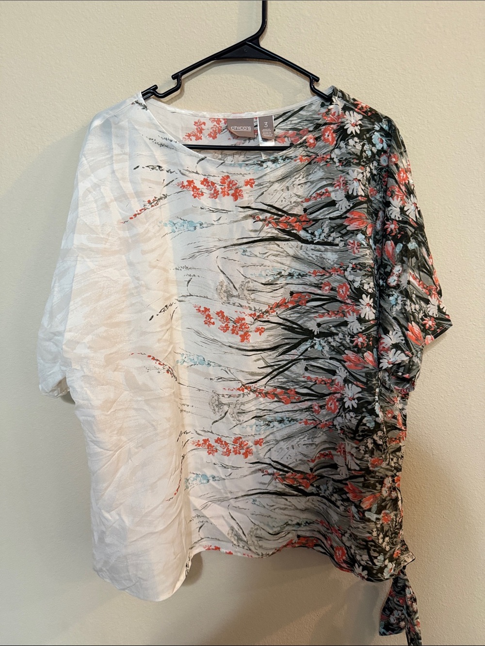Chico's White, Coral & Green Floral Tie-Side Tunic Top